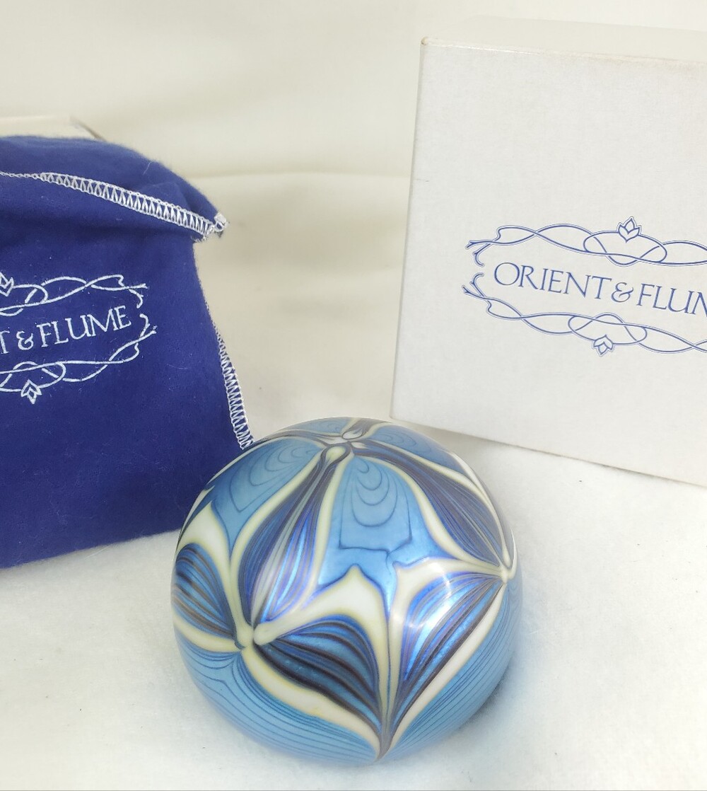 1976 Orient & Flume Glass Paperweight. In original box, velvet bag , sticker